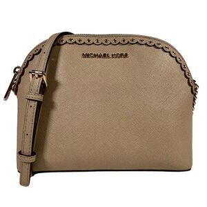 Michael Kors Jet Set Dome Crossbody Bag Beige Leather Gold Chain Stud Details